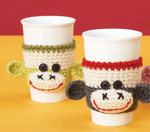 free easy Sock Monkey Cup Cozy by Patons crochet pattern