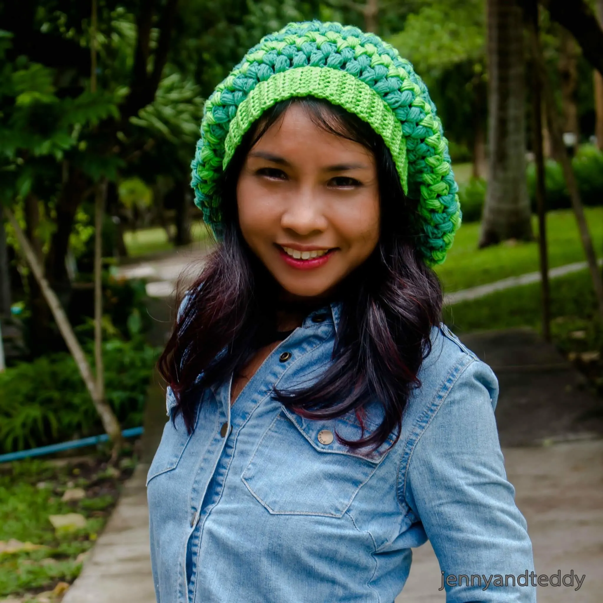 a crochet puff stitches slouchie beanie hat