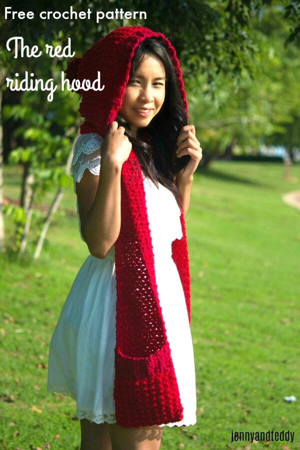 12halloween custome crochet little red riding hood scarf with pocket easy free pattern
