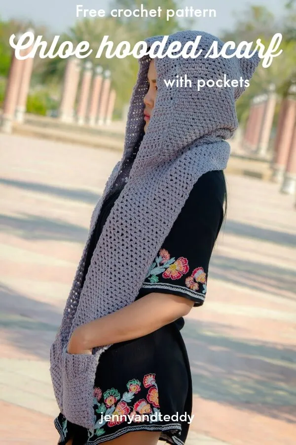free crochet pattern chloe hooded scarf with pocket beginner friendly by jennyandteddy12