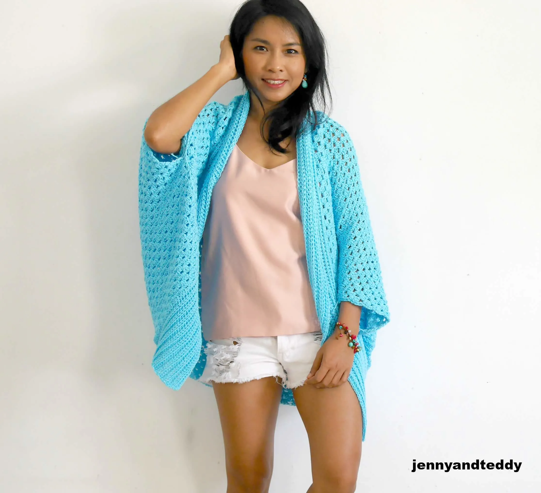 Blue lagoon crochet easy cardigan free pattern beginner friendly by jennyandteddy