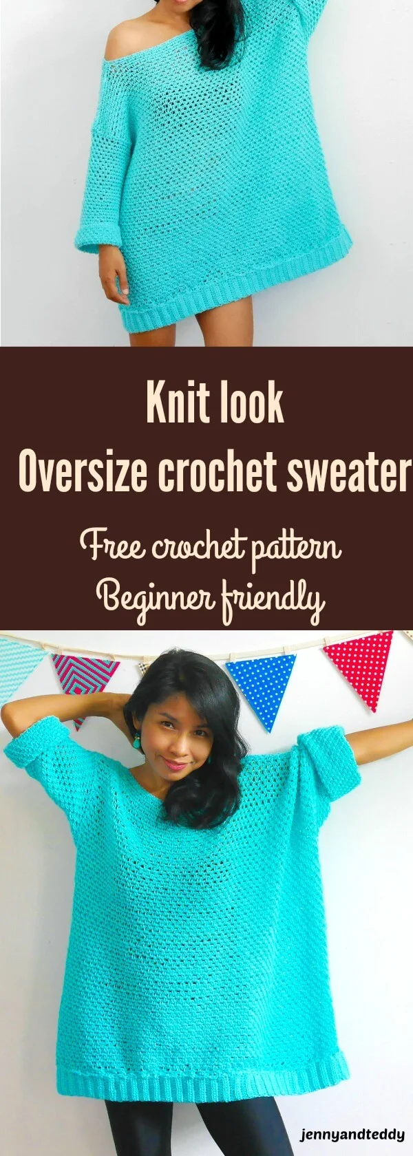 knit look oversize crochet sweater beginner friendly use moss stitch or linen stitch
