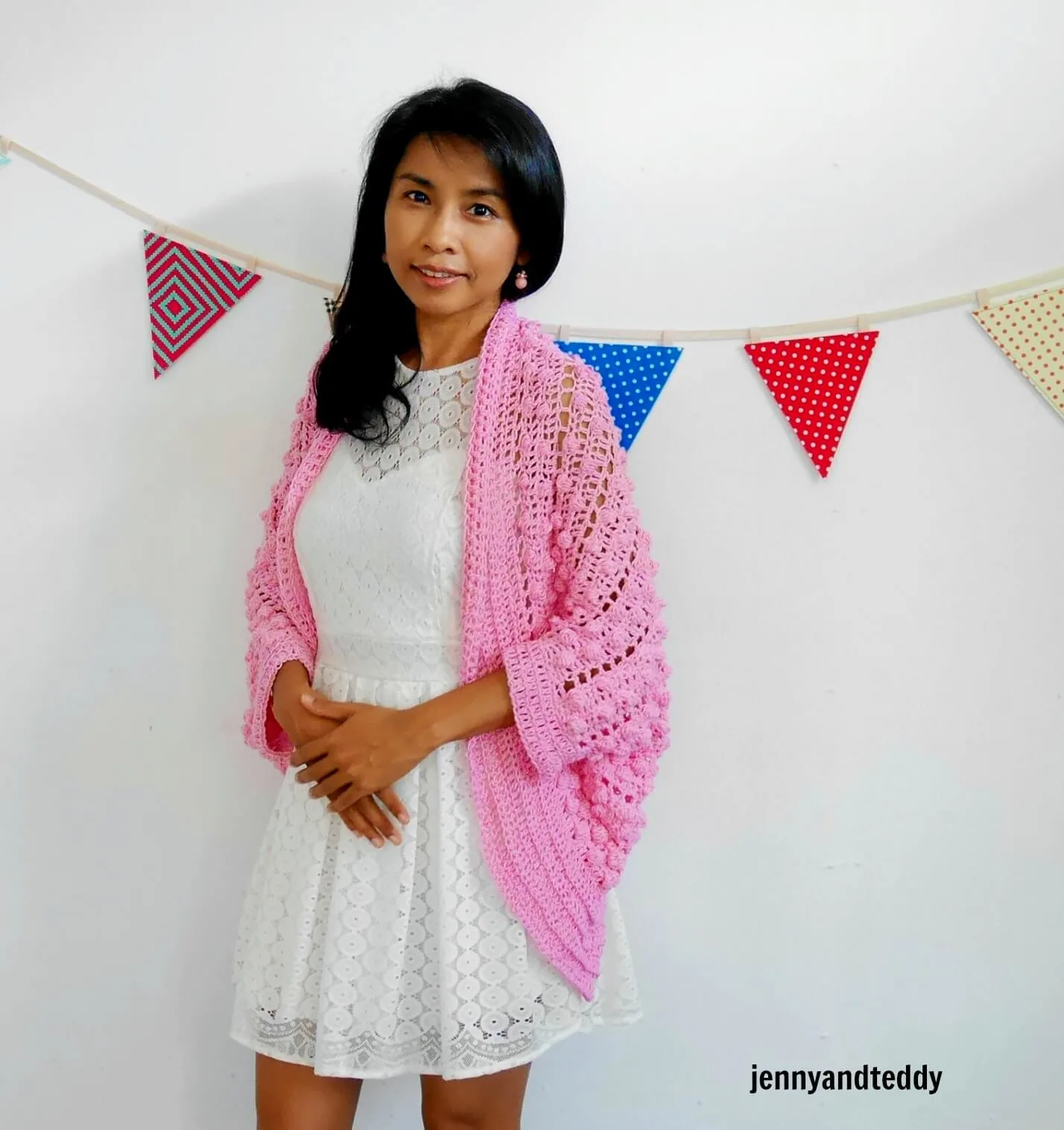 pink crochet cardigan bobble stitch