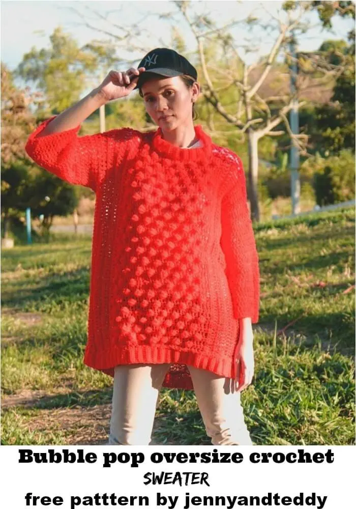 crochet oversized bobble stitch sweater free pattern with video.