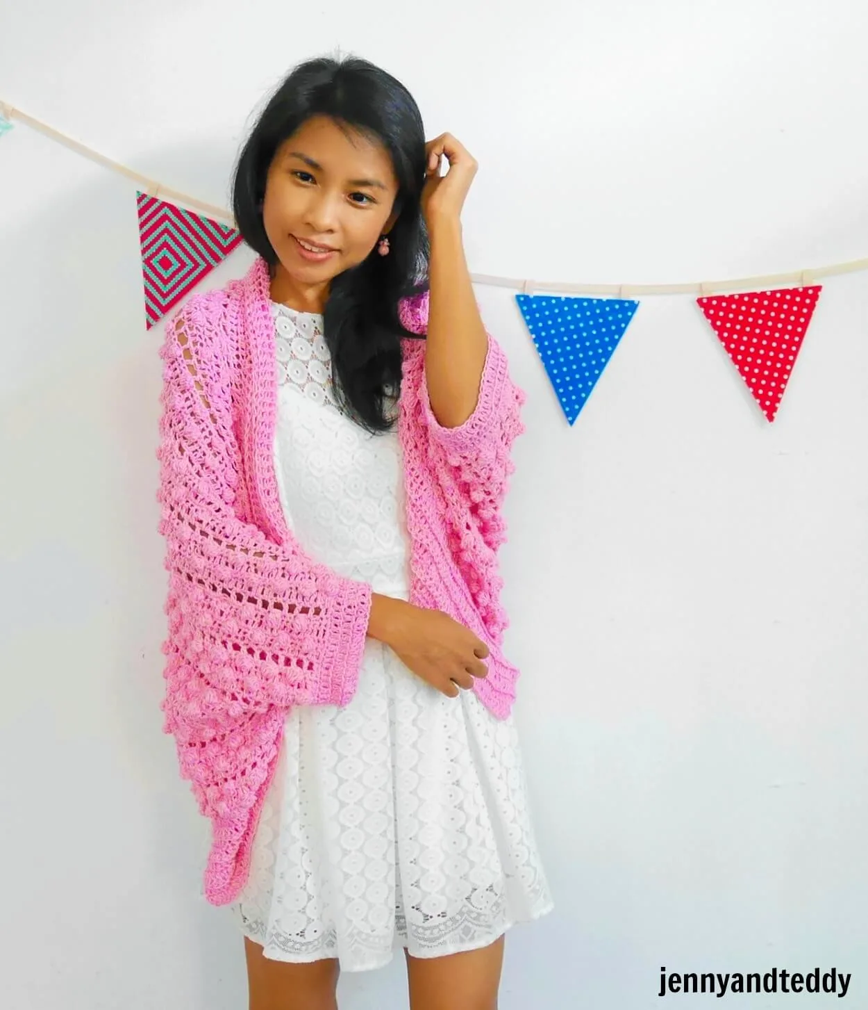 easy crochet blanket cardigan made from one rectangle useing bobble crochet stitch