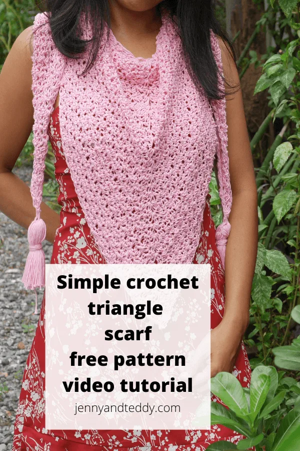 beginner crochet triangle scarf free pattern with step by step video tutorial by jennyandteddy crochet blog.