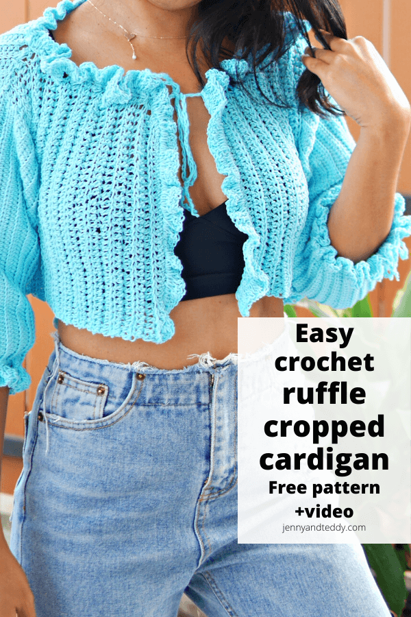 Easy crochet ruffle cropped cardigan free crochet pattern with video tutorial.