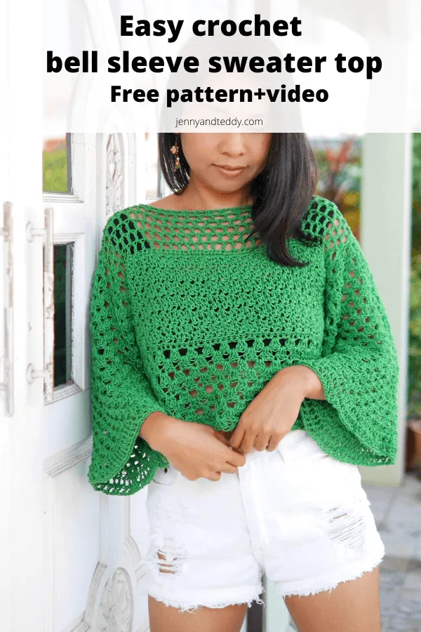 Beginner bell sleeves crochet sweater free pattern.