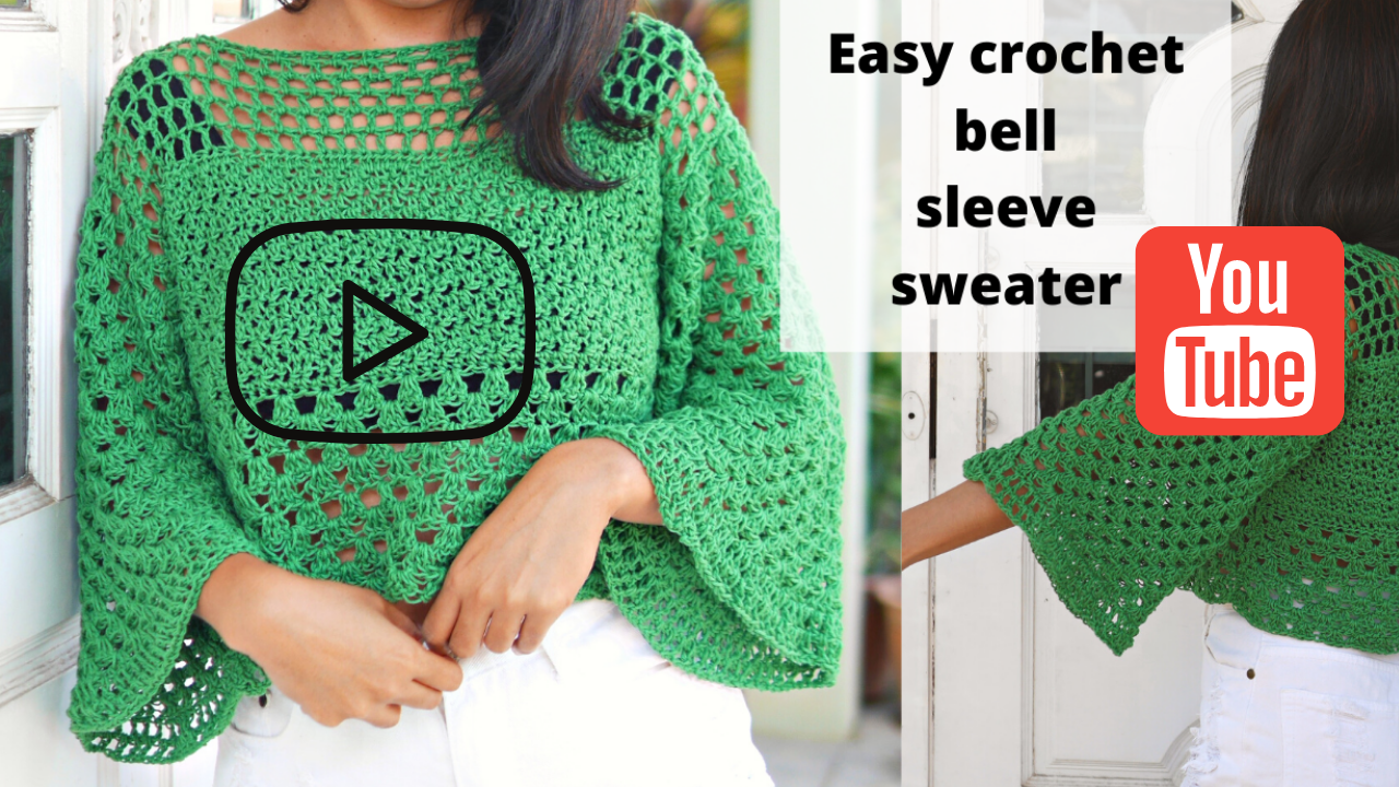 Beginner bell sleeves crochet sweater free pattern.