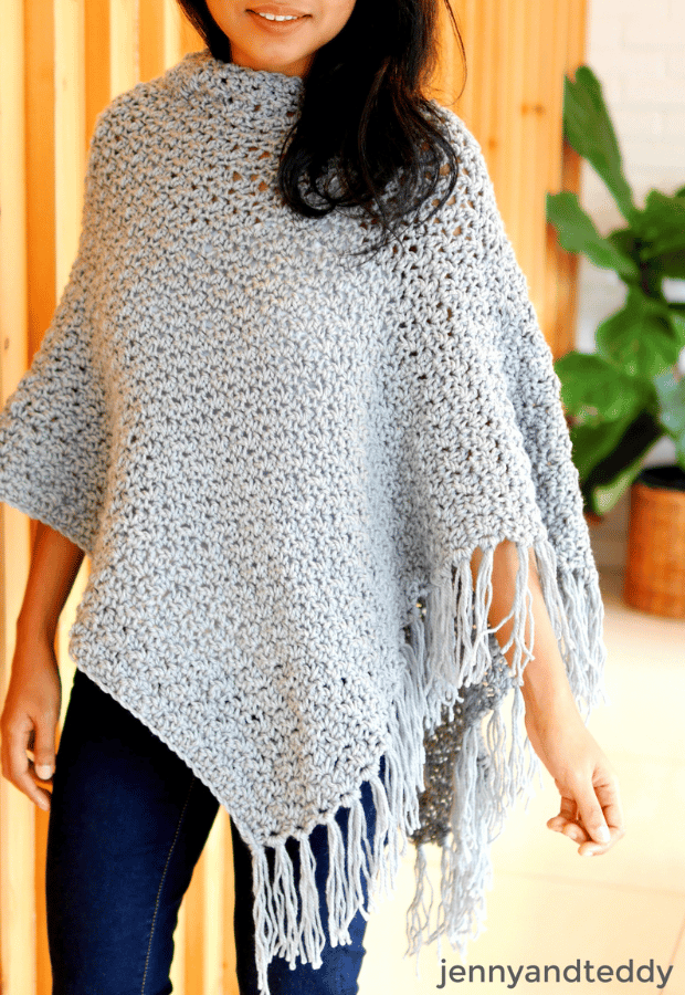 modern crochet poncho with fringe pattern with full step video tutorial.