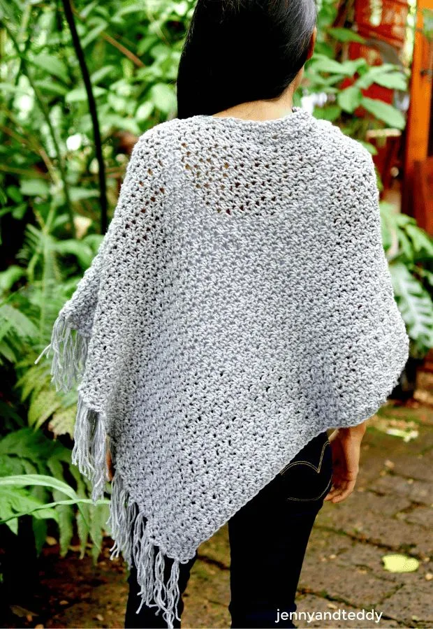 crochet one rectangle cozy fringe poncho free pattern tutorial.