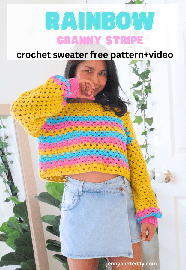 easy crochet rainbow sweater free pattern with video tutorial.