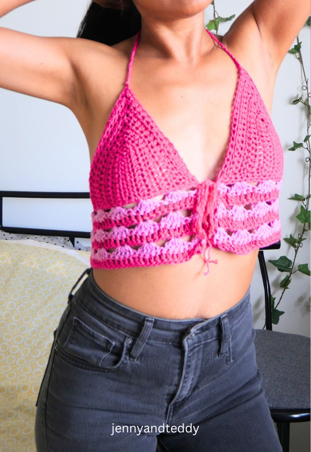 front tie crochet bralette top pink color free video tutorial.
